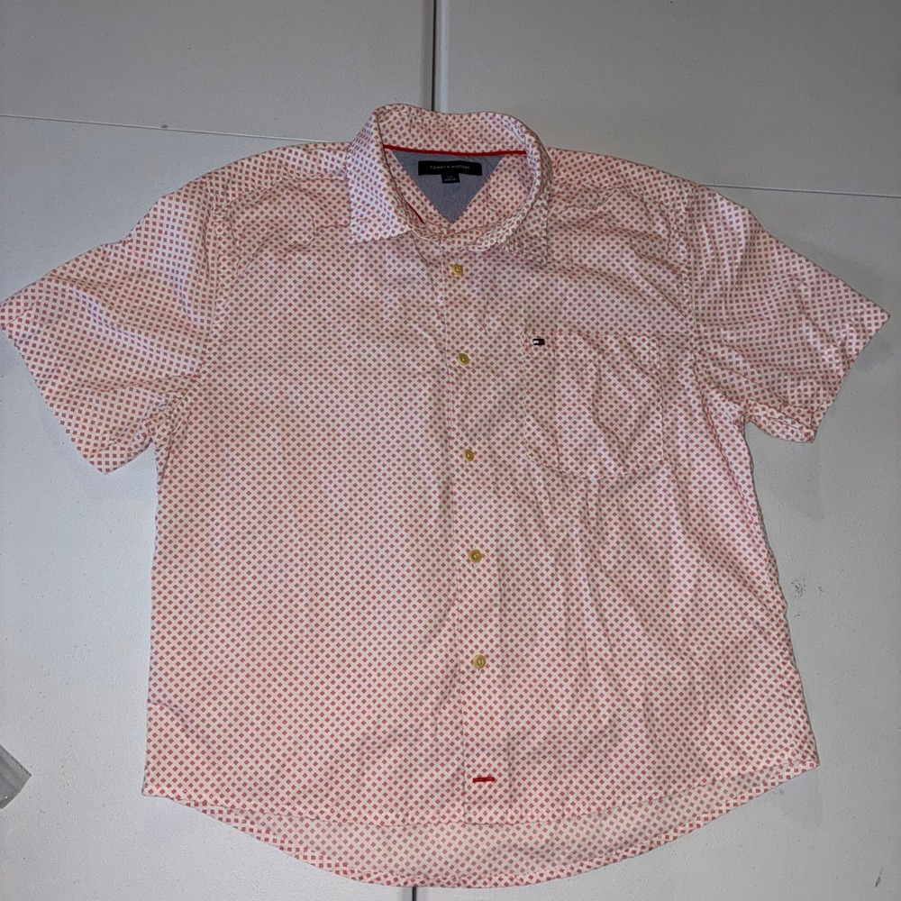 Tommy Hilfiger Mens Large Red White Geometric ALTERED Short Sleeve Button Down